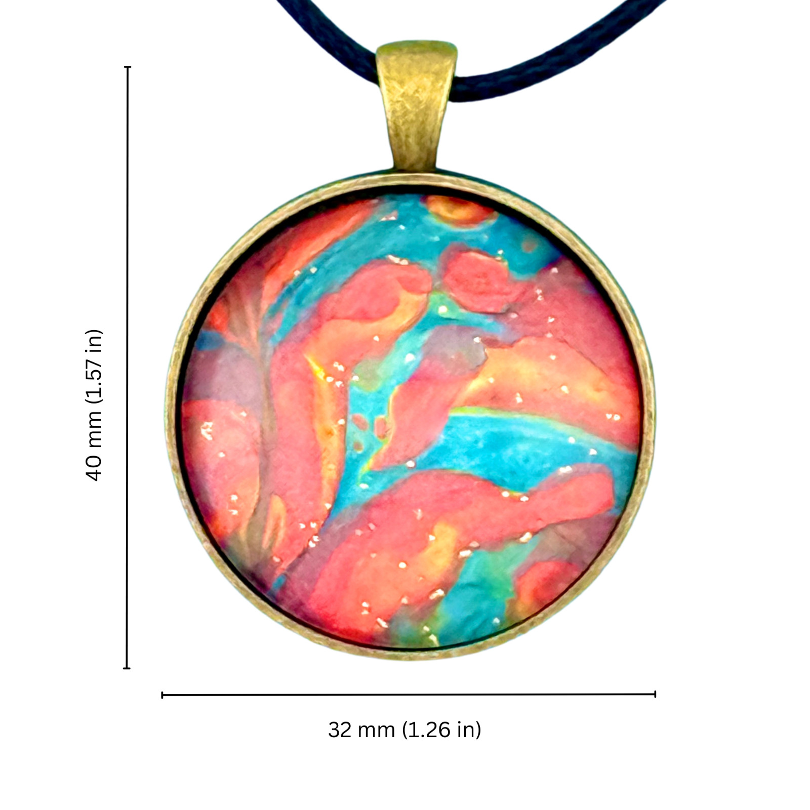 Pendant Necklace Handmade “Coral Ocean” Brass Bezel 30mm Black Cord