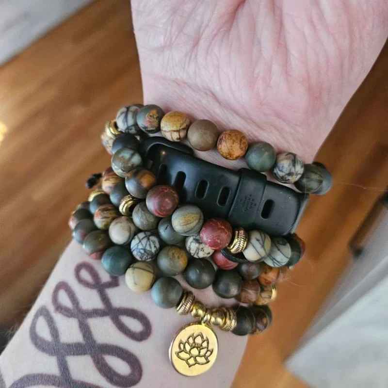Vintage Red Creek Jasper Stone Bracelet Necklace 108 Beads Mala Jewelry Gifts