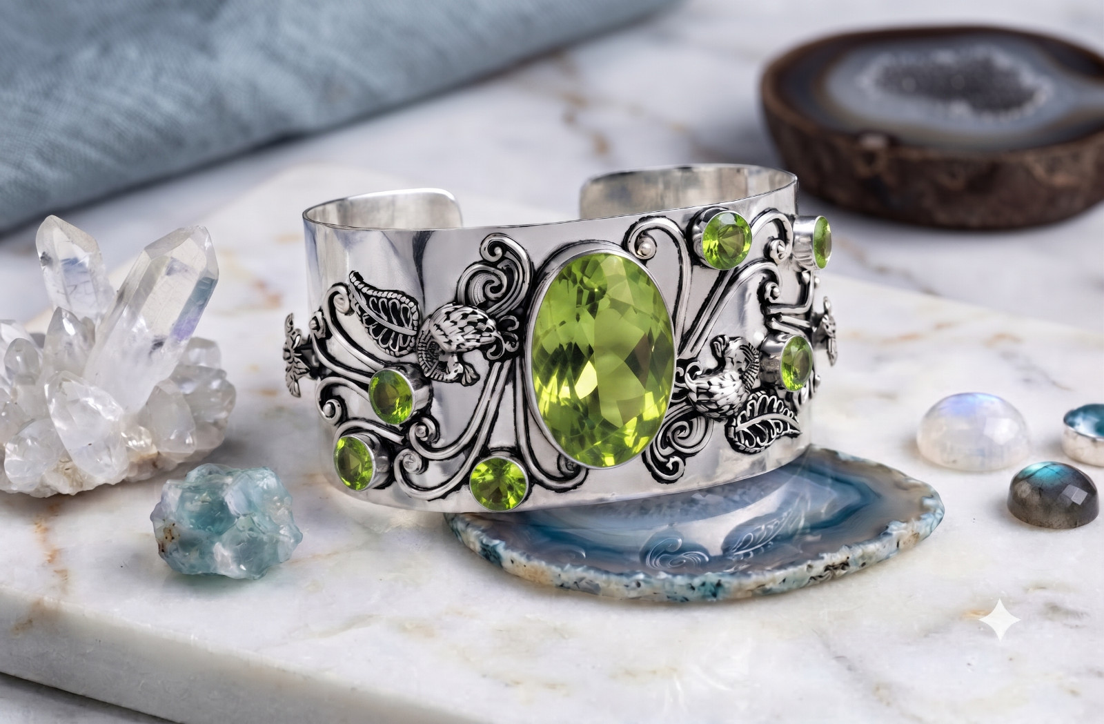 Green Peridot Cuff Bracelet 925 Sterling Silver Handmade Gemstone Jewelry ADJ”