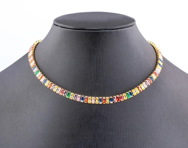 Classic Colorful Tennis Necklace Men and Women Rectangular Full Zircon.