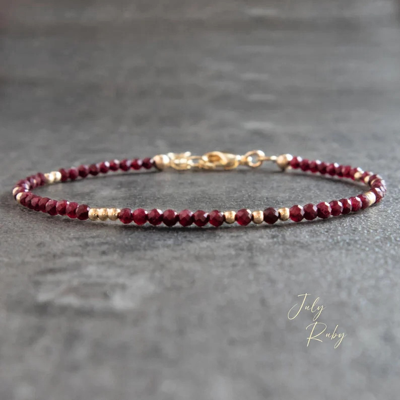 Ruby Crystal Gemstone Dainty Bracelet Minimalist Healing 2 mm Faceted Beads