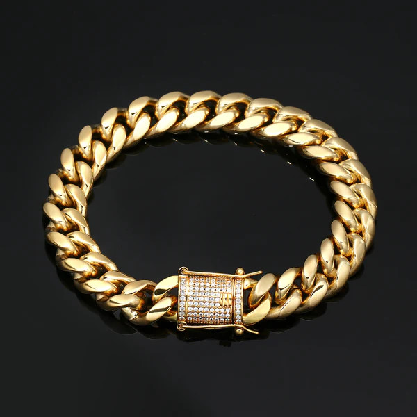 14k Gold Plated Stainless Steel Miami Cuban Link Bracelet Or Chain with CZ Clasp