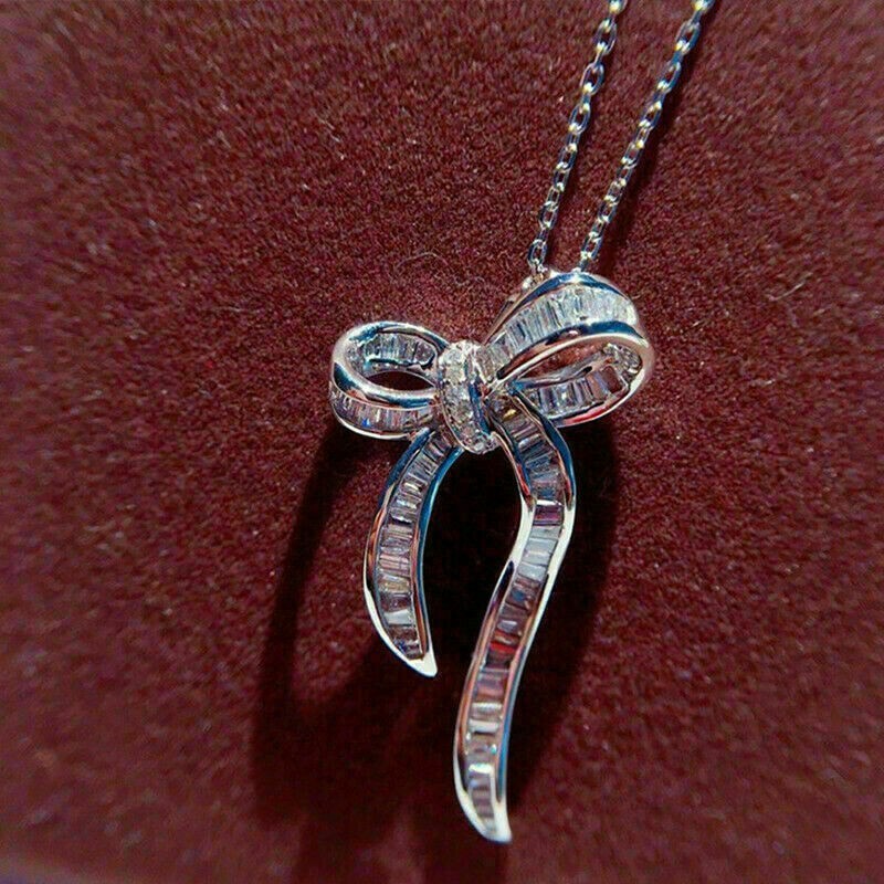 Stylish 2Ct Baguette Cut Diamond Bow Knot Pendant 14K White Gold Over Free Chain