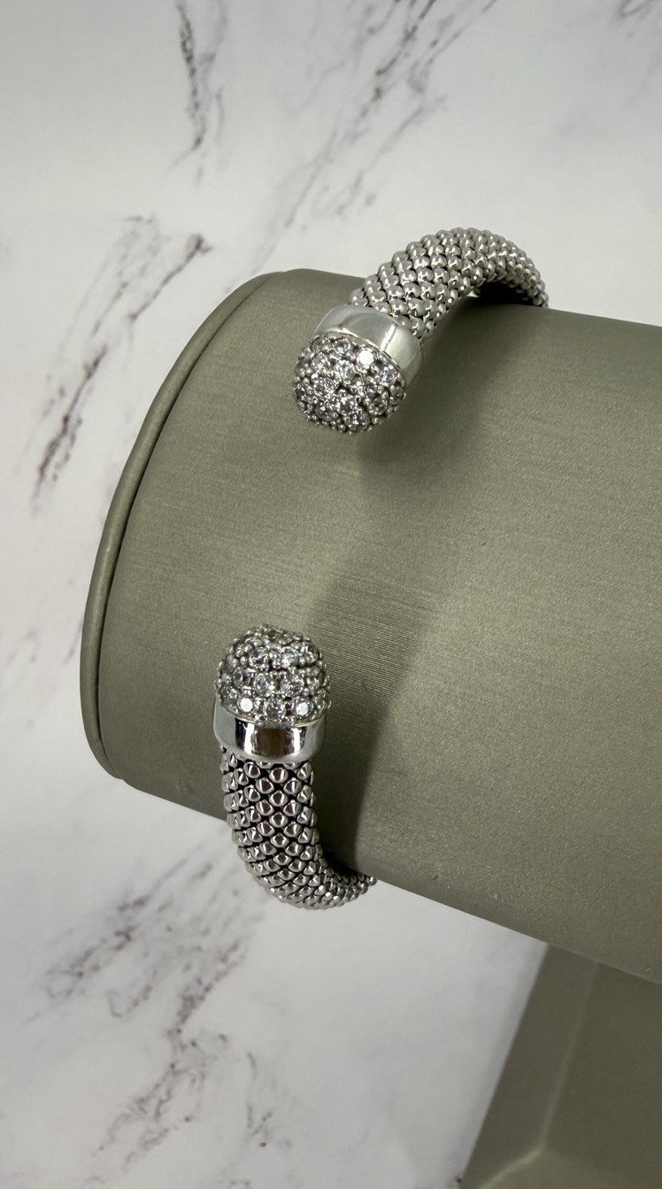 Diamonique Sterling Silver Popcorn Mesh Cuff Bracelet 925 Pave End Caps 6.25″