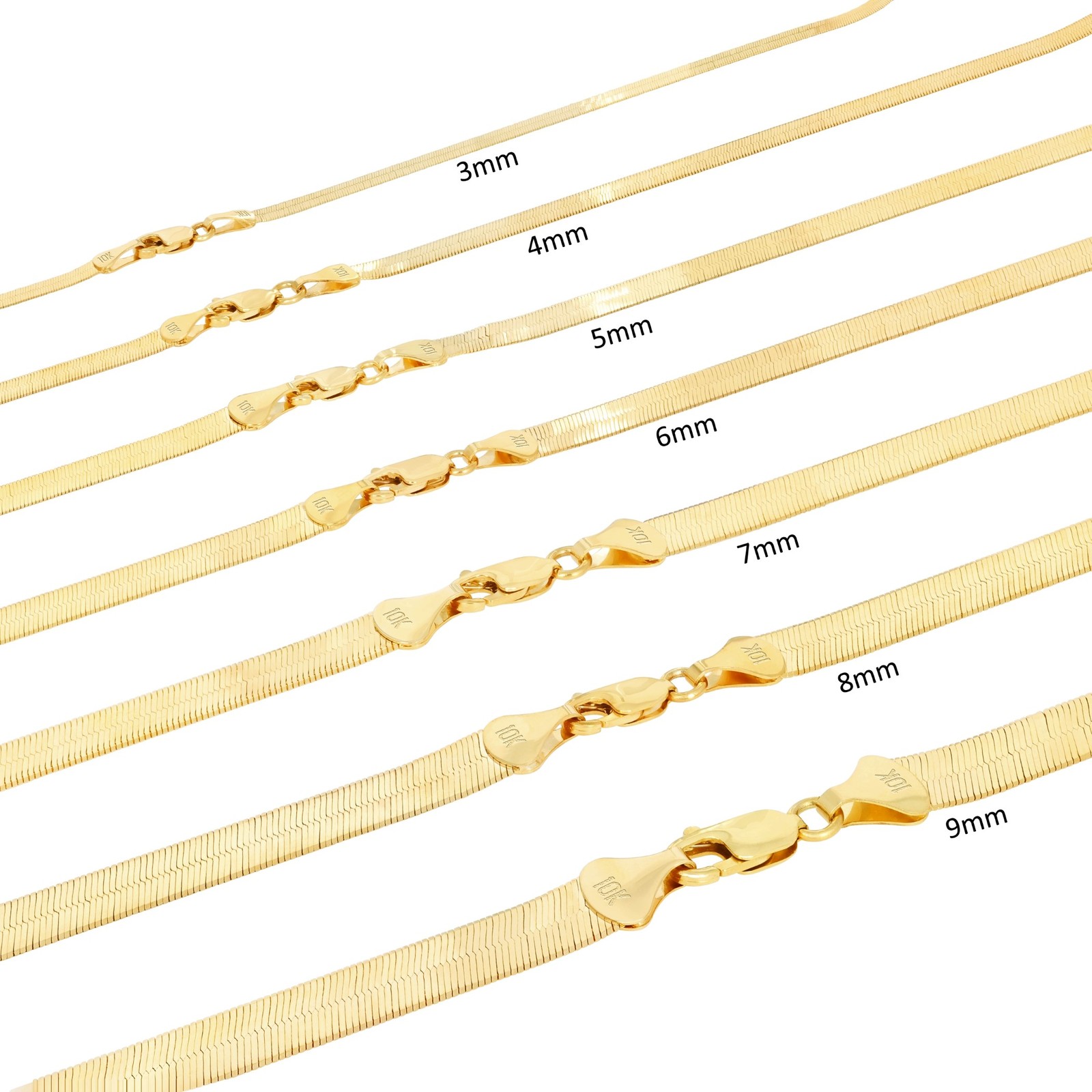 10K Yellow Gold Solid 3mm-9mm Flat Herringbone Chain Necklace Women Men 16″- 24″