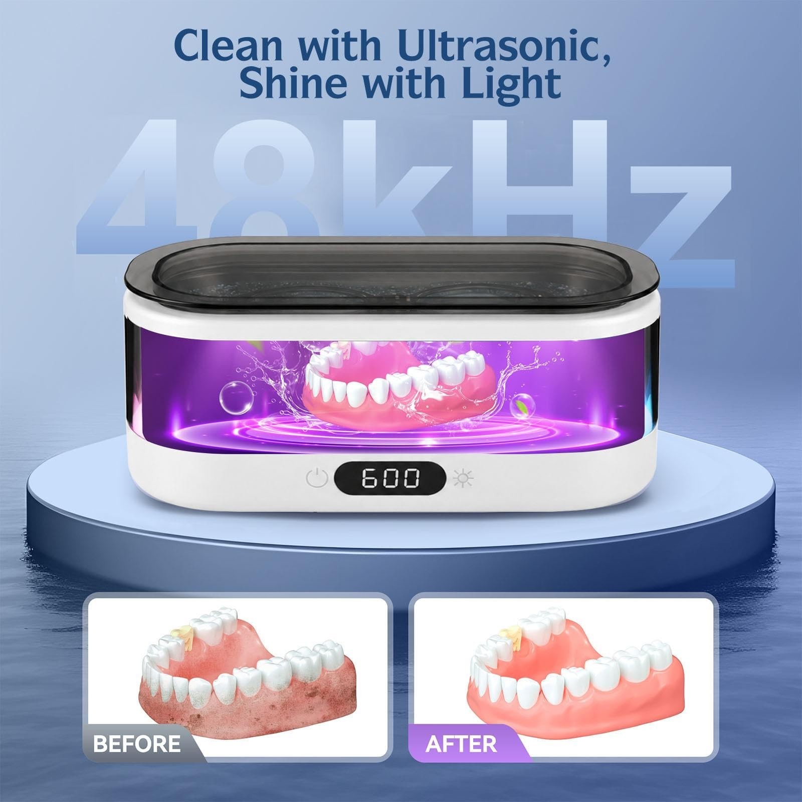 Ultrasonic Jewelry Cleaner 48KHz with RGB Lights, 350ML Stainless Steel Tank, Du