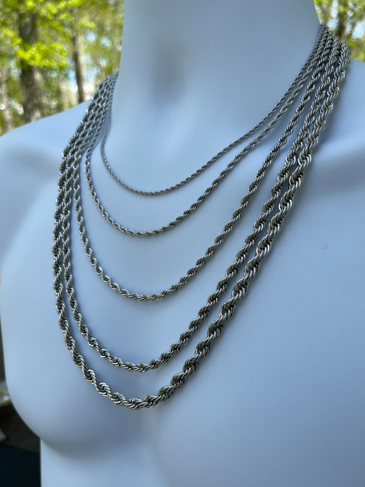 Men’s Real Solid Rope Chain Necklace Stainless Steel – Rhodium – 2mm-6mm 18-30″
