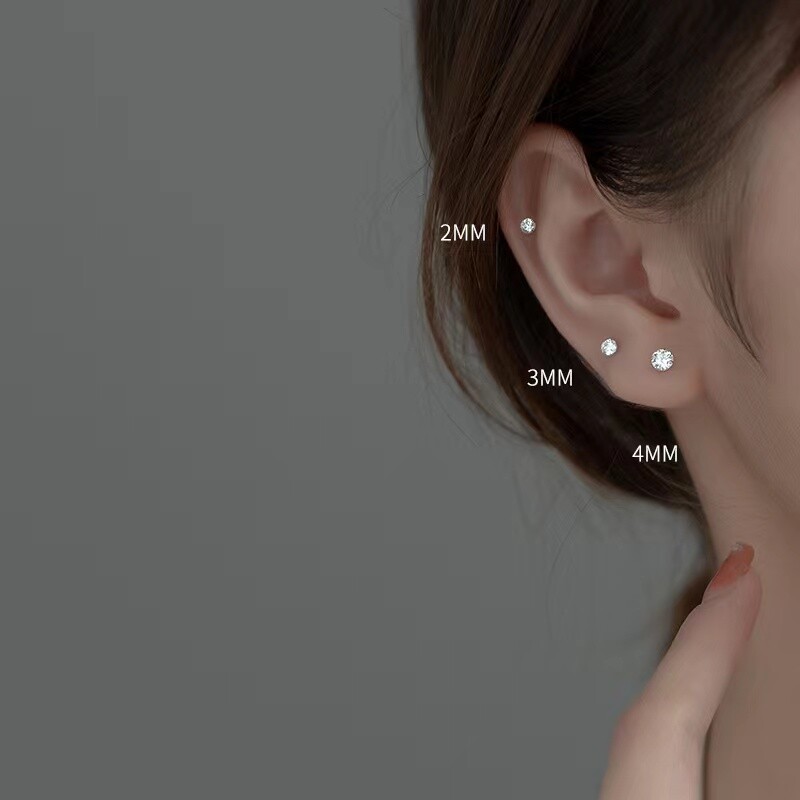 2 Pair 925 Sterling Silver Earrings Cubic Zirconia Round Stud Earrings Jewelry