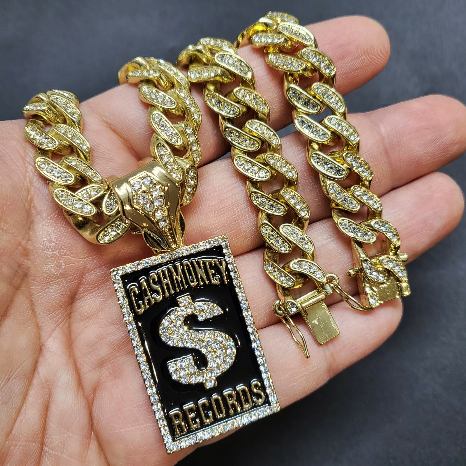 CASHMONEY RECORDS Pendant & 16″ 18″ 20″ 24″ Iced Cuban Box Lock Chain Necklace