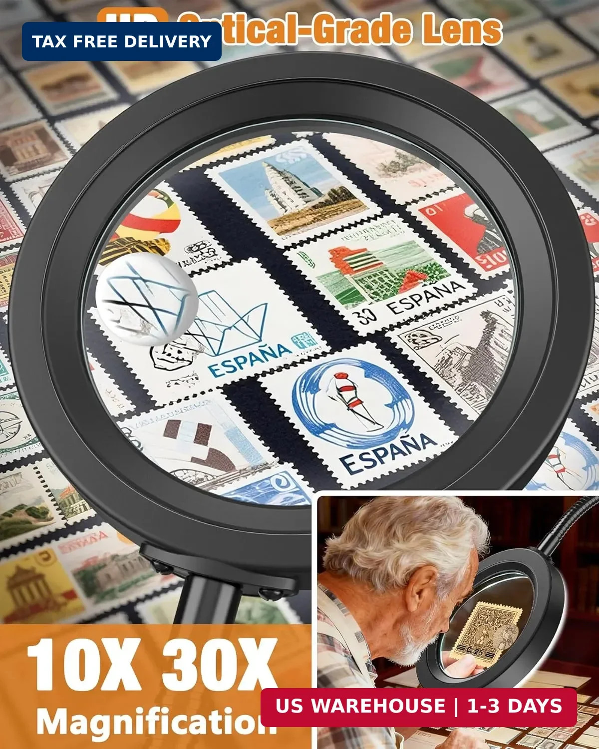 30X 10X Magnifying Glass with Light and Stand, 5 Color Modes Stepless Dimmable,