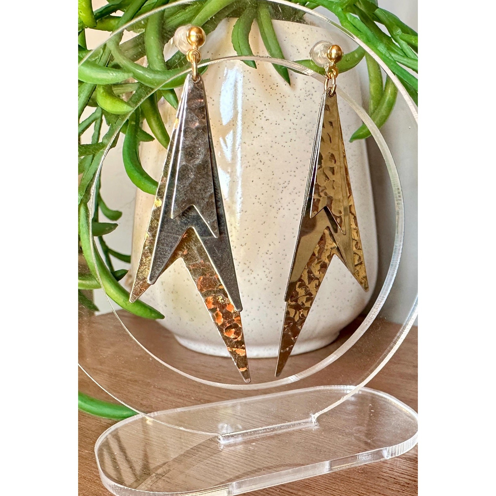 Vintage Two-Tone Hammered Geometric Earrings | Modernist Retro Dangle Jewelry