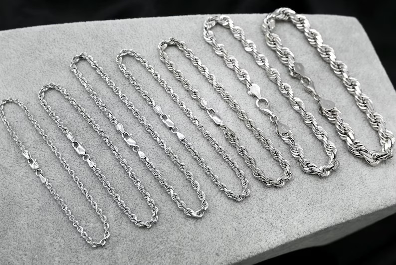 10K White Gold Rope Chain Bracelet Diamond Cut Real Gold 1mm-5mm 7-9in
