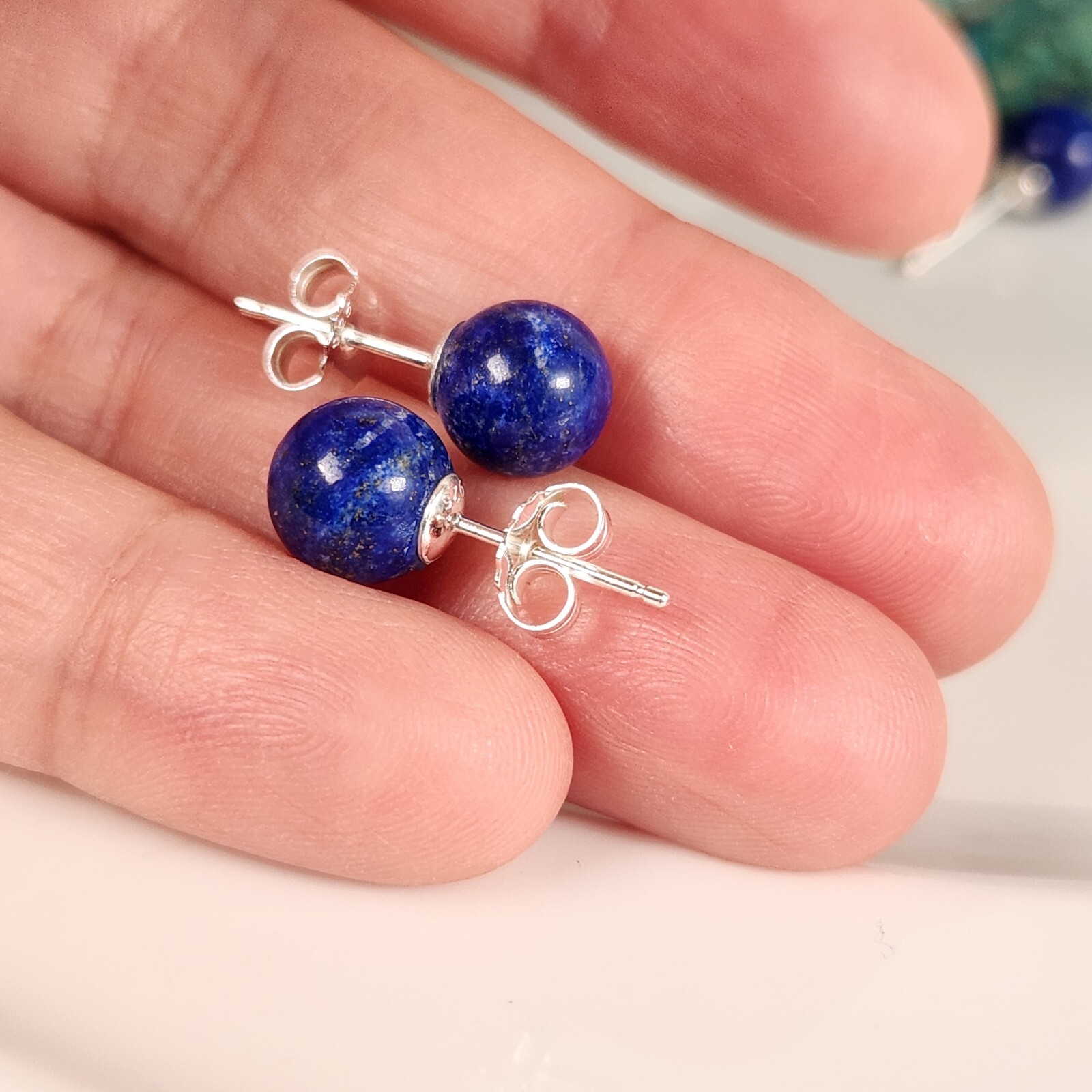 Real Solid 925 Sliver Natural Blue Lapis Lazuli 8mm Round Ball Stud Earrings