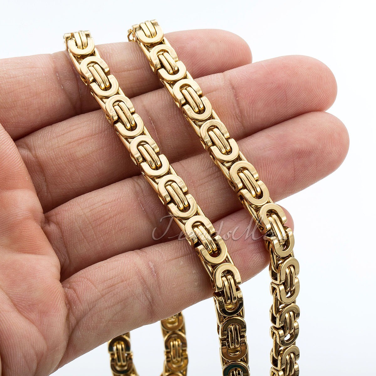 7mm 18-30 in Gold Plated Stainless Steel Necklace Flat Byzantine Mens Boys Chain