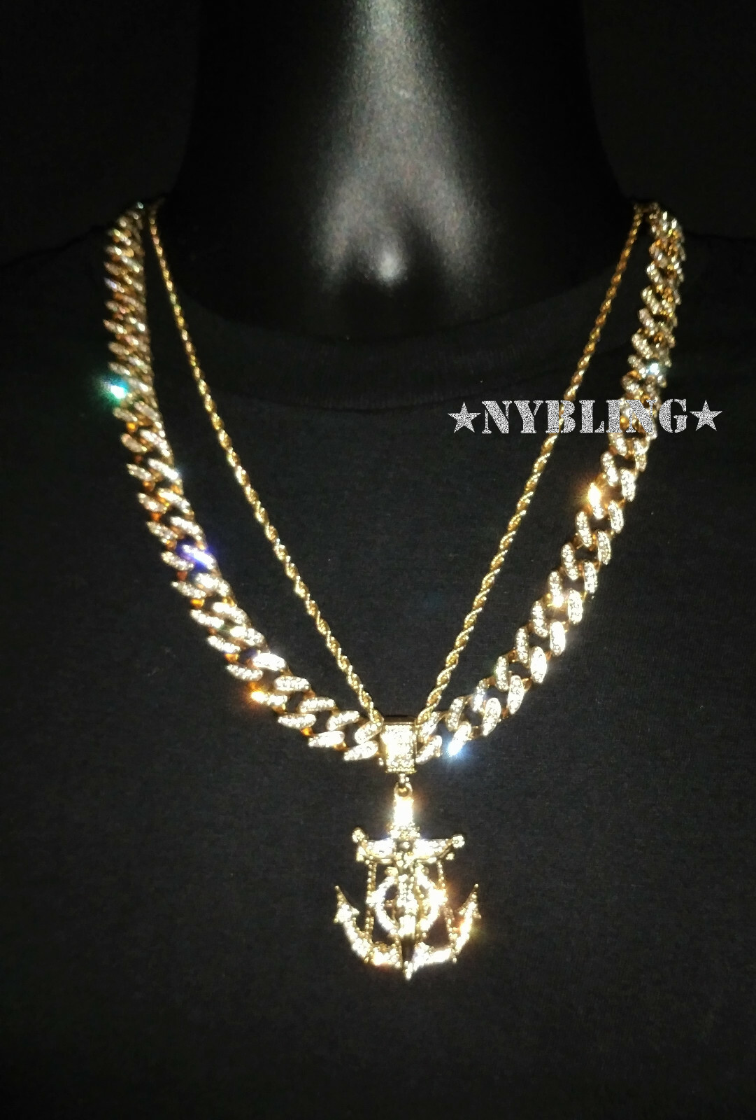 Miami Cuban Chain CZ Necklace, Rope Chain, Jesus Anchor Pendant Plated, 3PC Set