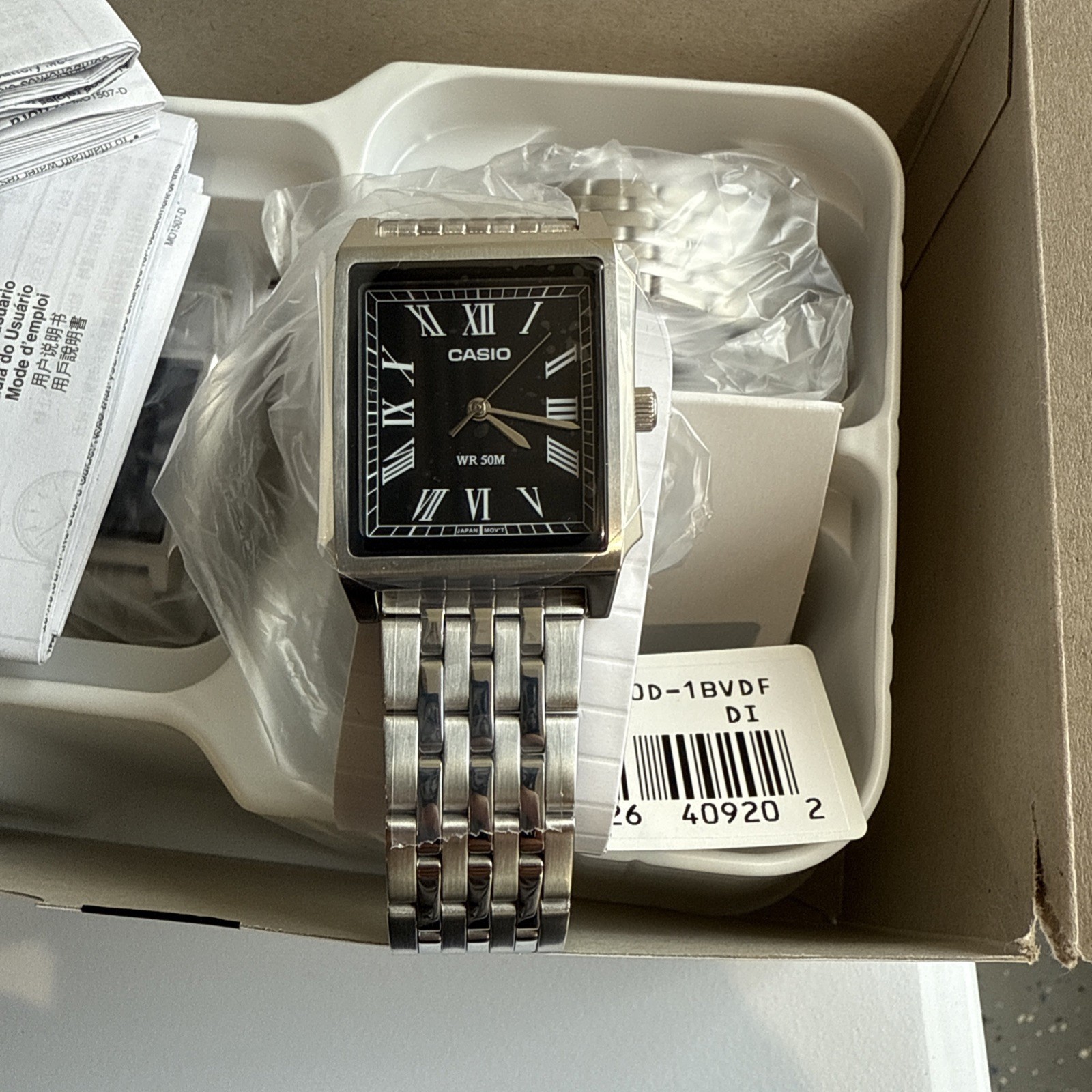 Casio MTP-B190D-1BV Mens TANK Quartz Watch Silver Dial Stainless Steel