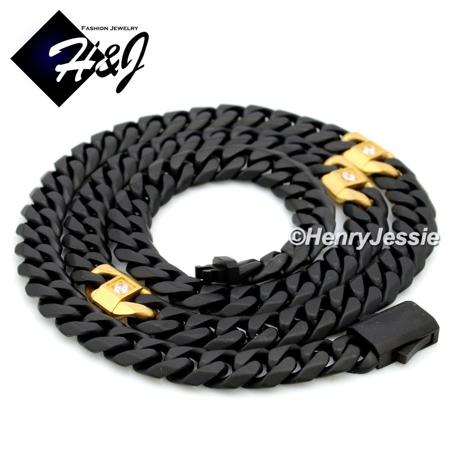20″Stainless Steel 7mm Matte Black/Gold Plated CZ Miami Cuban Curb Necklace*N176