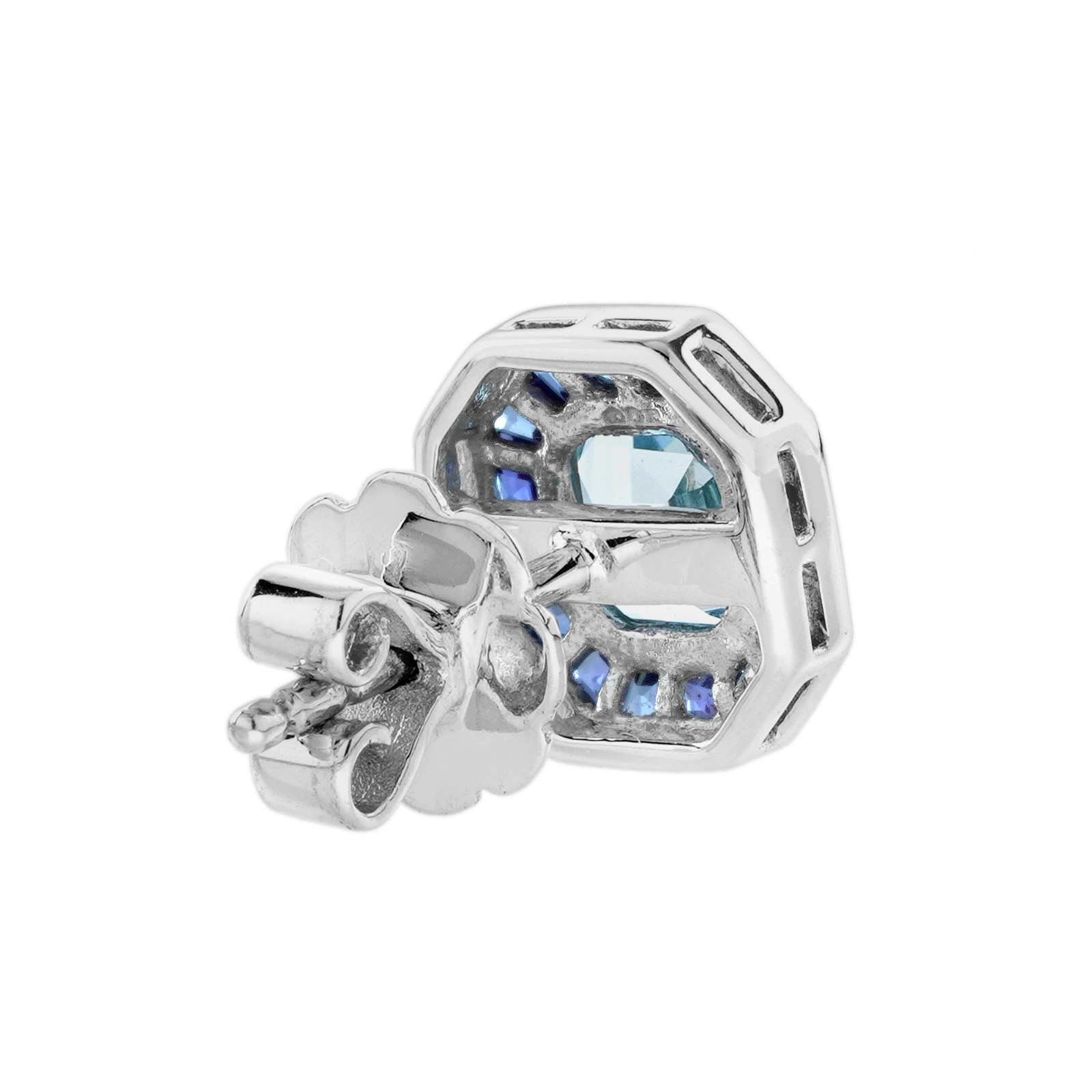 14K White Gold Aquamarine Blue Sapphire Jewelry Set Necklace Stud Earrings