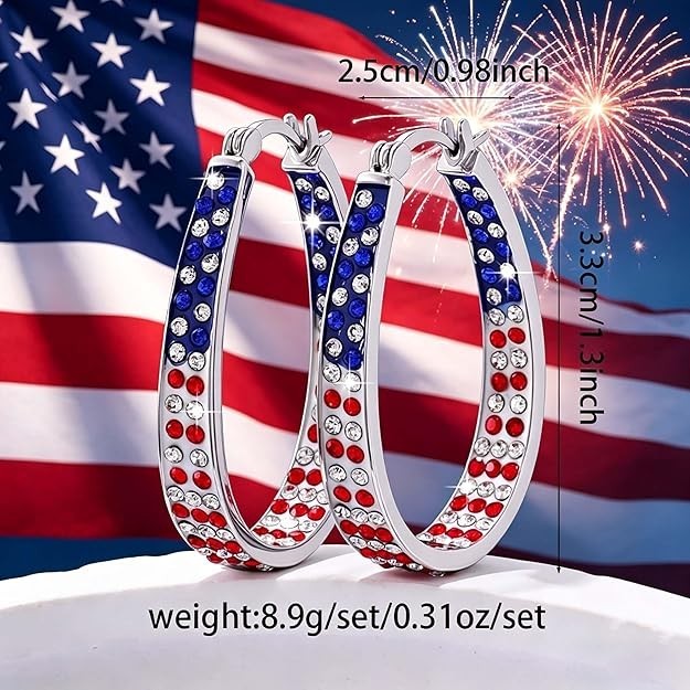 American Flag Red White Blue Crystal Hoop Earrings for Womens