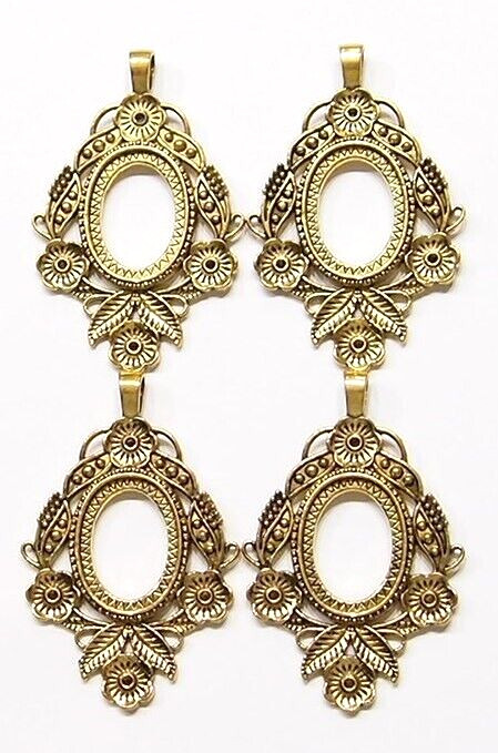 4 of 30x22mm Antique Gold Flower and Leaf Pendant Settings, 4 Cameos, Cabs Glass