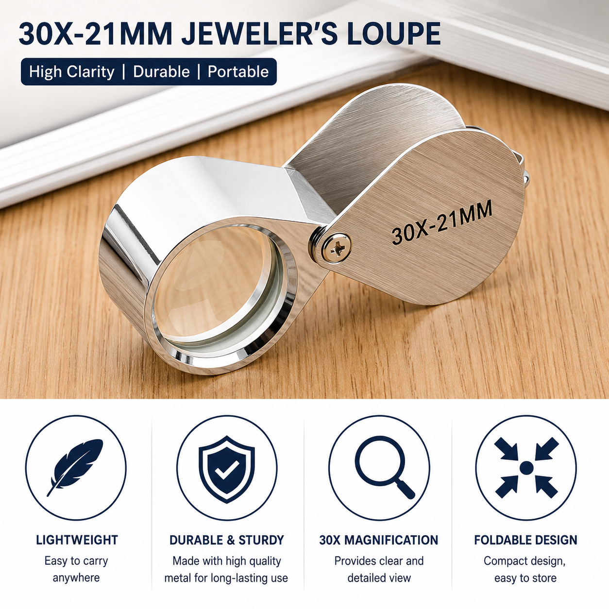 30X Jeweler’s Loupe Magnifier 21mm Foldable Pocket Lens for Jewelry Coins Gems