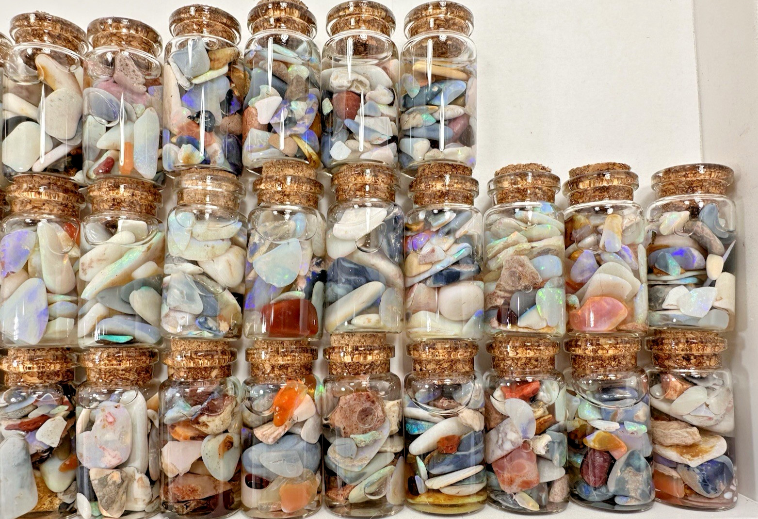 40 ct Premium Australian Coober Pedy Rough/Rubs Opals in Glass Bottles