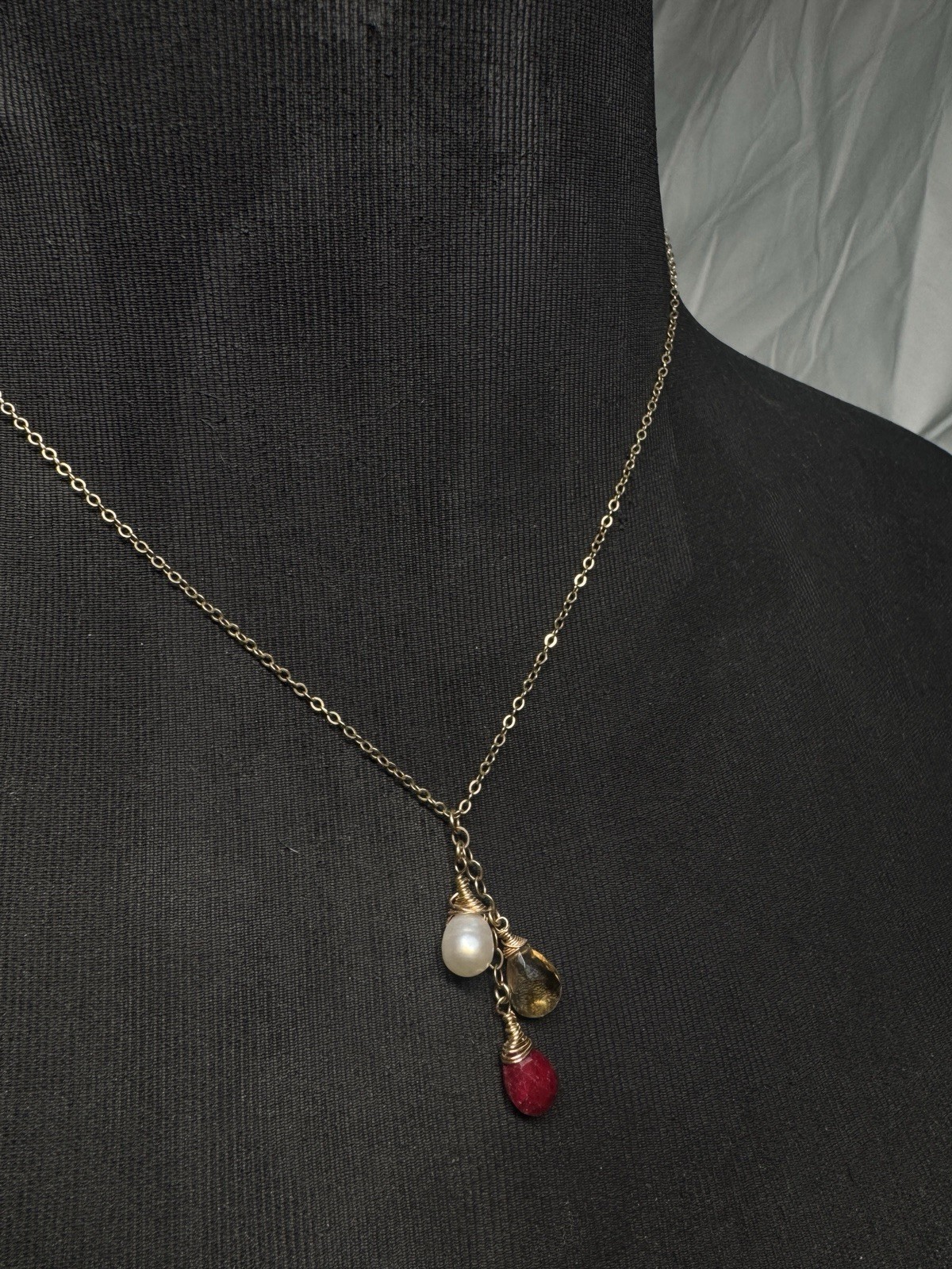 1/20 14K Gold Filled Ruby Citrine Pearl Drop Necklace Genuine Gemstones