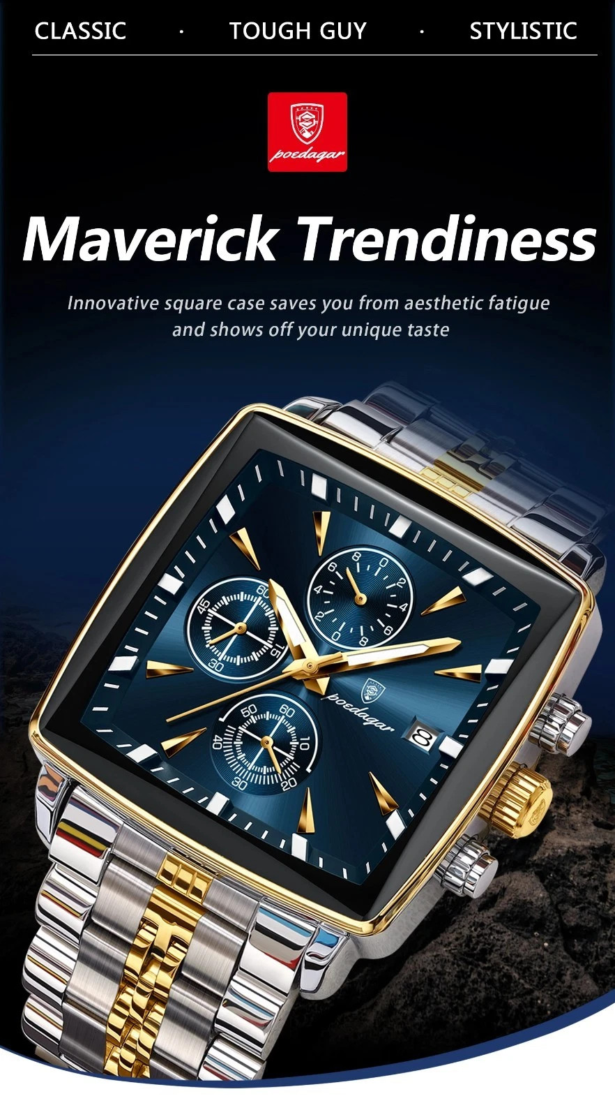 Luxury Men’s Watch Square Stainless Steel Waterproof Luminous Chrono