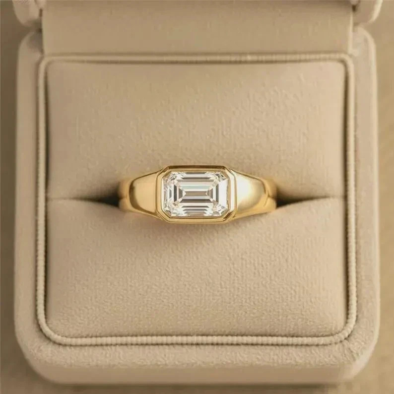 2 CT Emerald Cut East West Signet Moissanite Ring 925 Sterling Silver Jewelry