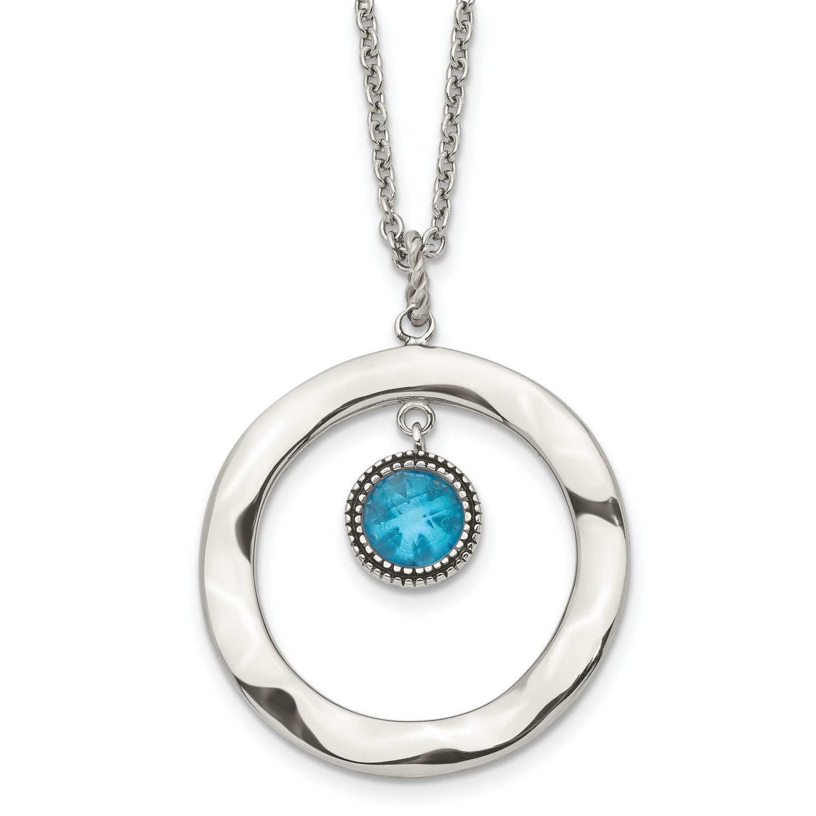 Stainless Steel Polished Blue Glass Circle 2 Inch Extension Necklace
