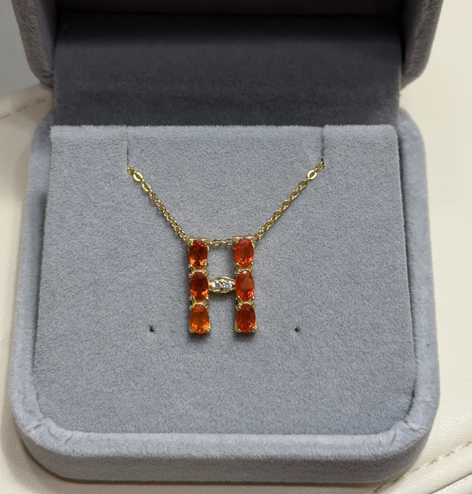 Natural Orange Fire Opal Initial “H” Pendant Necklace 18K Gold over 925 SS 20 in