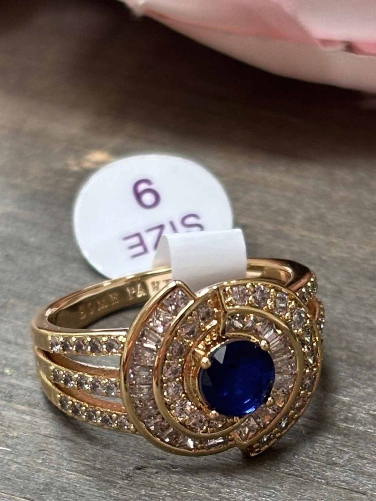 Bomb Party Gold and Blue Sapphire Halo Cocktail Ring – Size 9