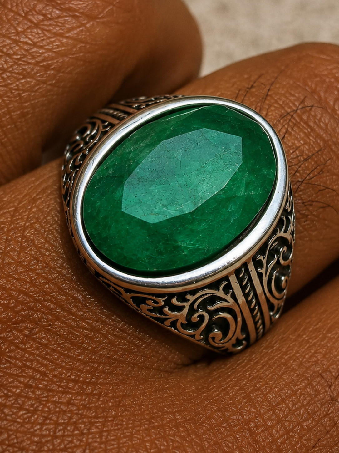 Real Columbian Green Emerald Stone Mens Solid 925 Silver Ring – Oxidized Vintage