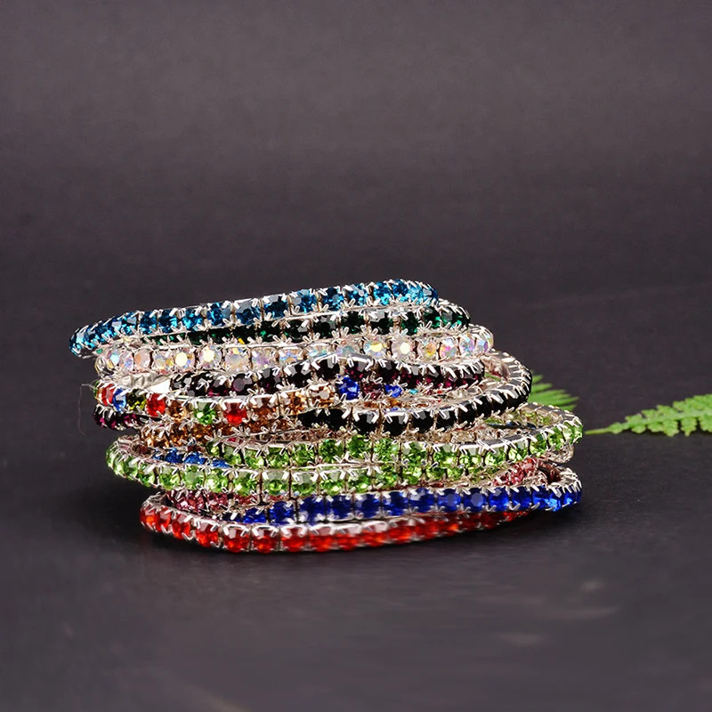 5 Pc Elastic Crystal Rhinestone Bracelet Women Gold Tone Round Chain Jewelry