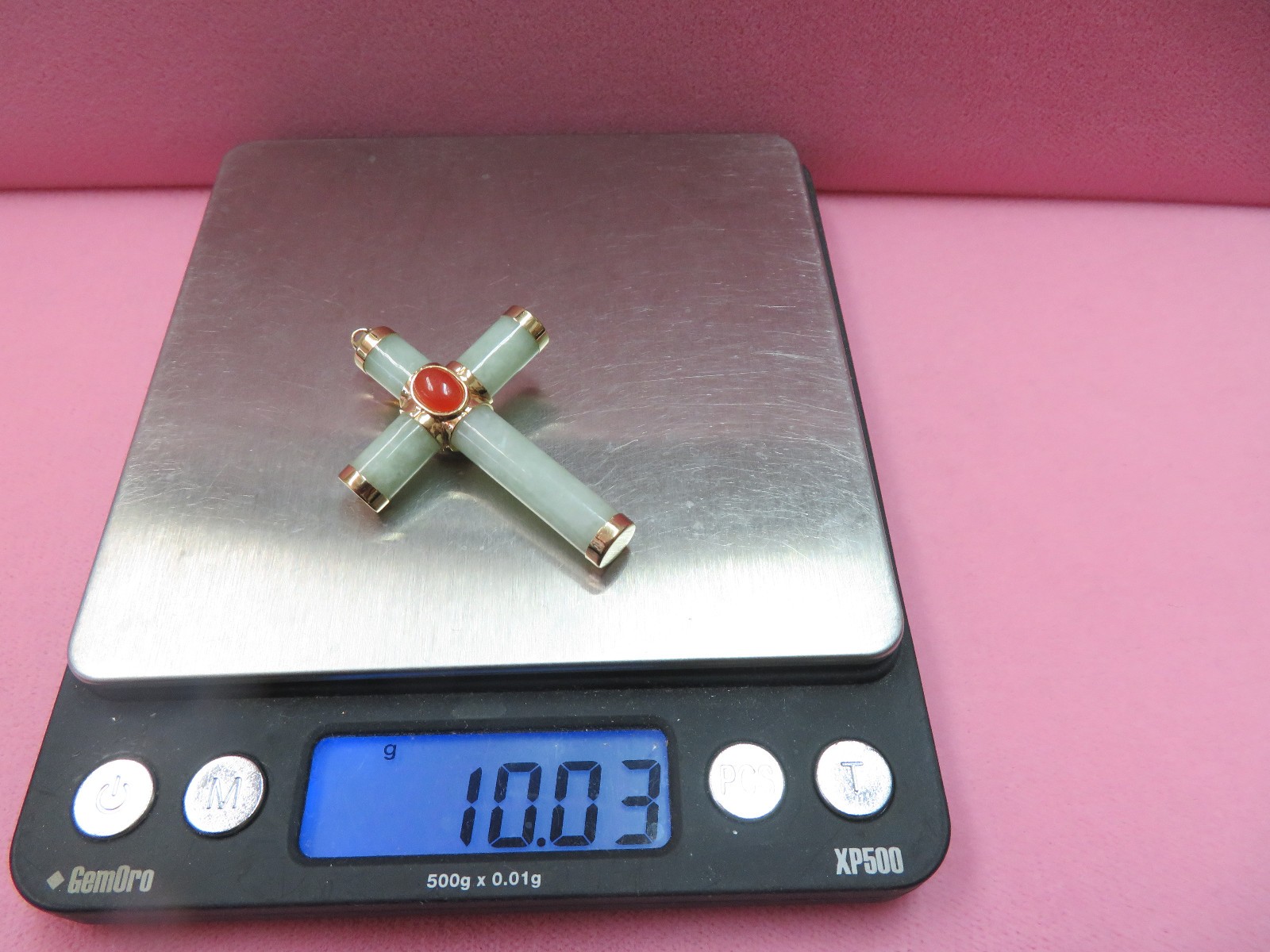 Large 14k Yellow Gold Green Orange Lavender Jade Cross Pendant 10 Grams