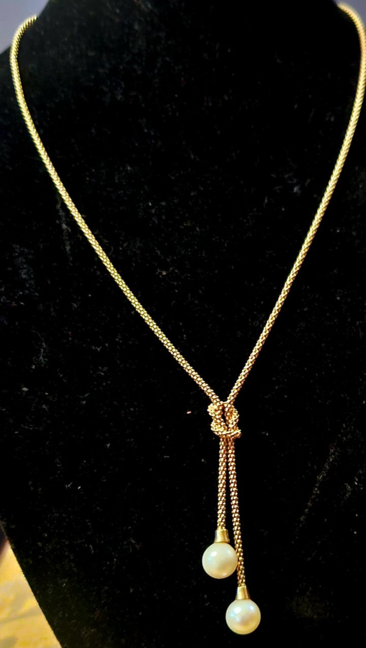 14k 5.6 gm SolidYellowGold 20 in Italian Popcorn ChainLariat Necklace & 2 Pearls