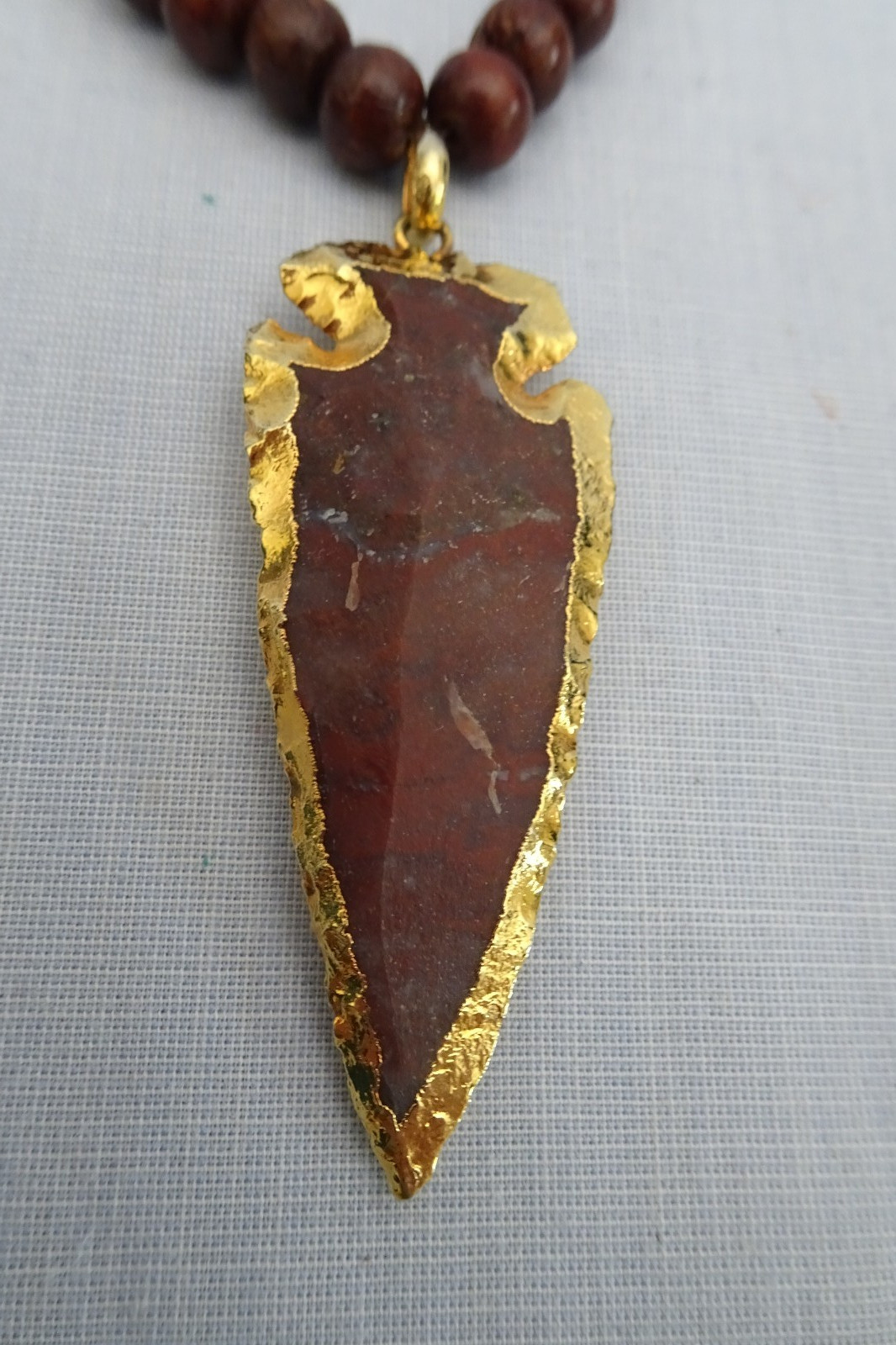 Vintage Brown Stone Gold Dip Arrowhead Pendant Necklace w 34″ Brown Beaded Chain