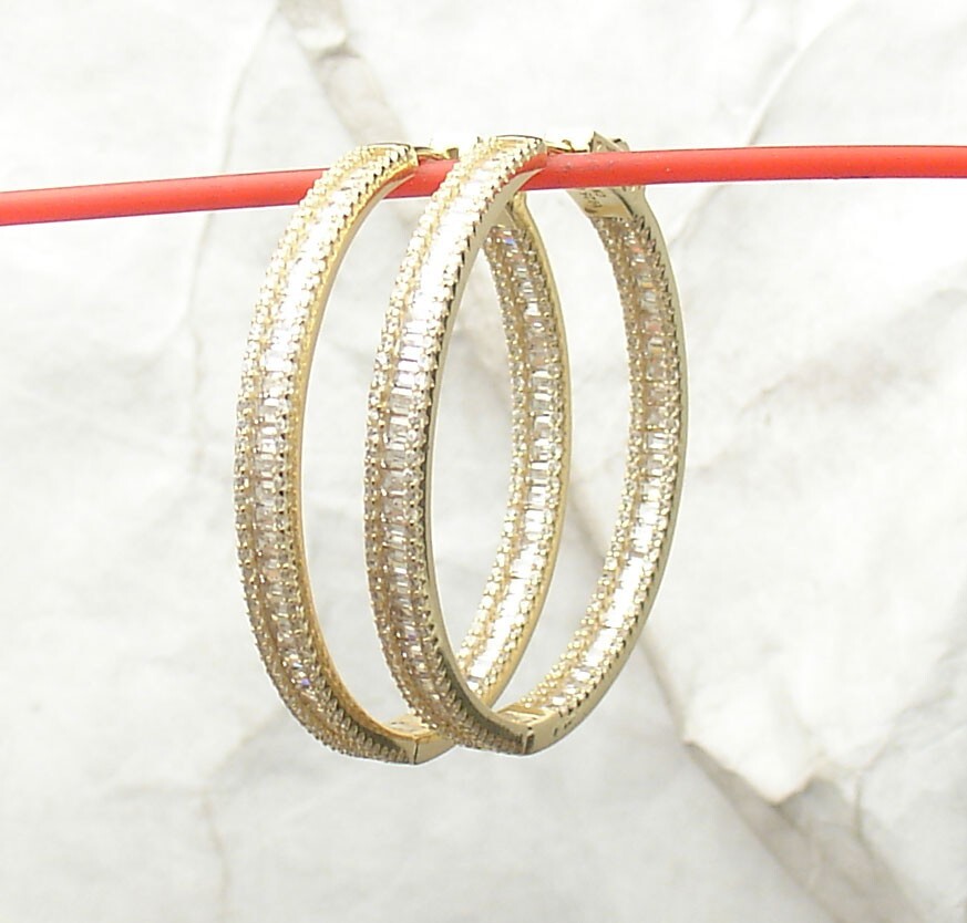 1.5″ Inside Out Pave Baguette CZ Hoop Earrings 14K Yellow Gold Plated Silver