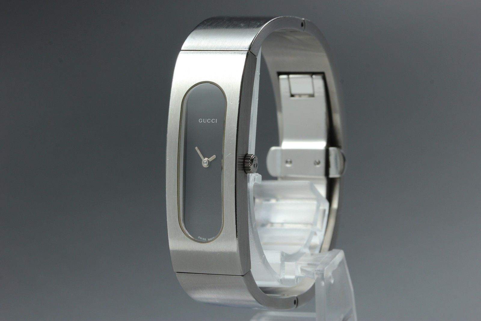 [Exc+5] GUCCI 2400S Bangle Watch Quartz Silver Stainless Steel Black Dial JAPAN