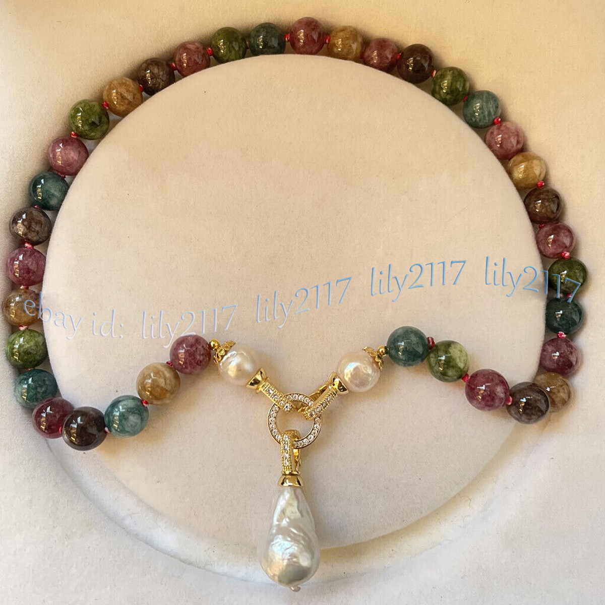 Multicolor Tourmaline Round Gemstone White Keshi Baroque Pearl Pendant Necklace