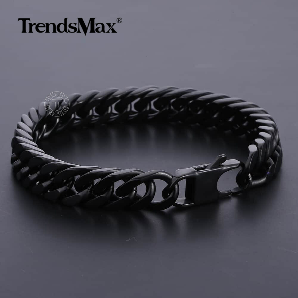 10mm Wide Black Double Curb Link Rombo Mens Chain Bracelet 316L Stainless Steel