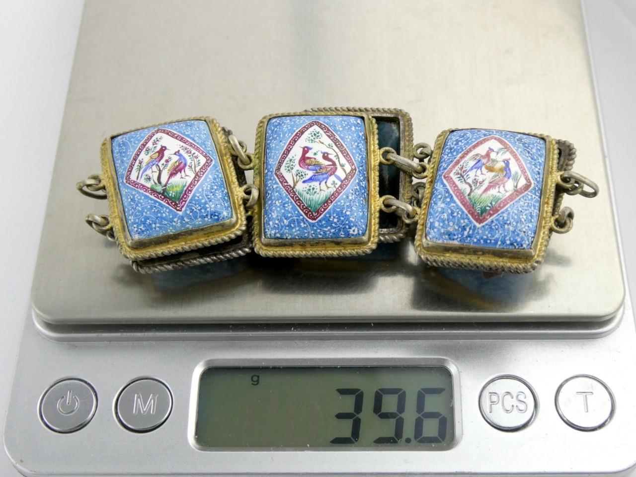Vintage Sterling Silver Enameled Porcelain Panel Bracelet Bird Designs 6 7/8 In
