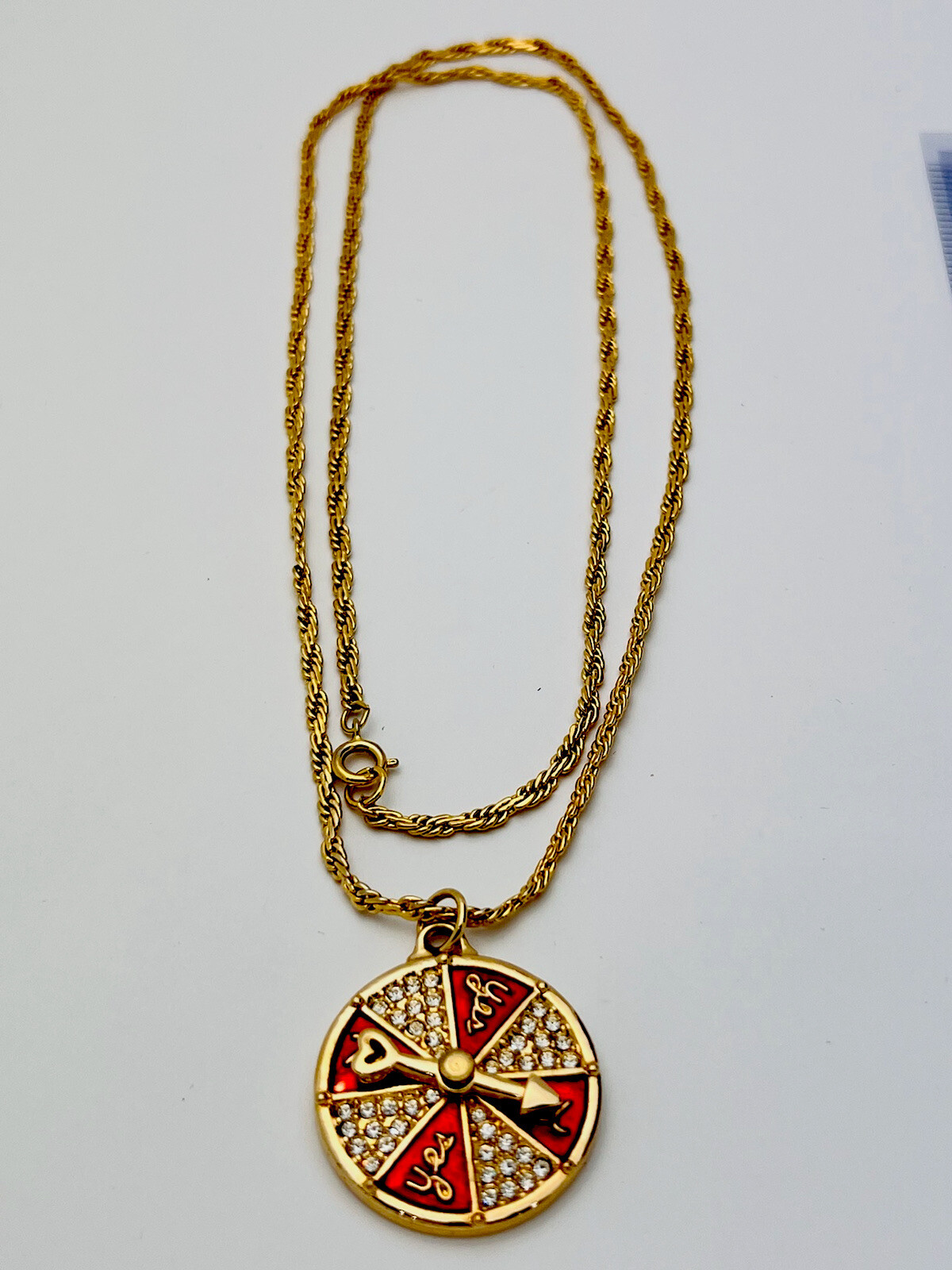Swarovski Vintage New Gold Plated Enamel 44 Crystal Yes/No Wheel Necklace 30”