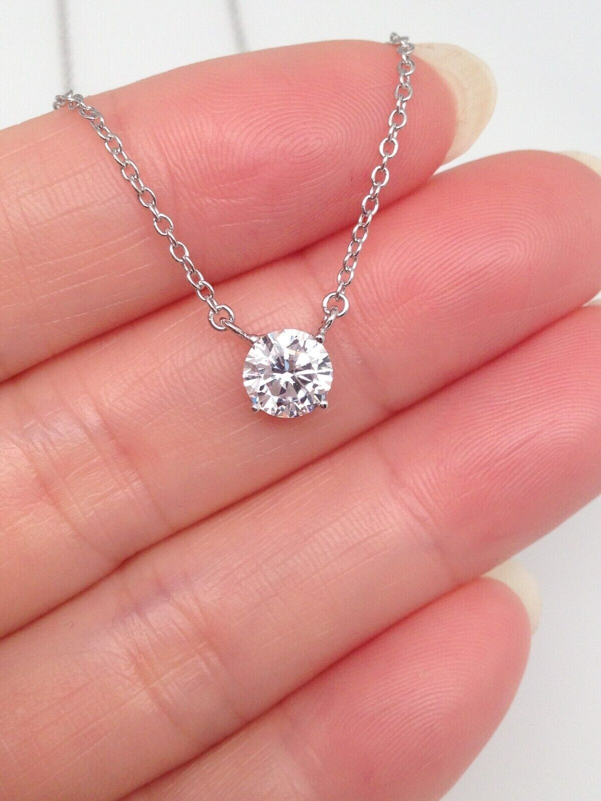 925 Sterling Silver CZ Round Solitaire Pendant Necklace Dainty 5.8mm 17.25″