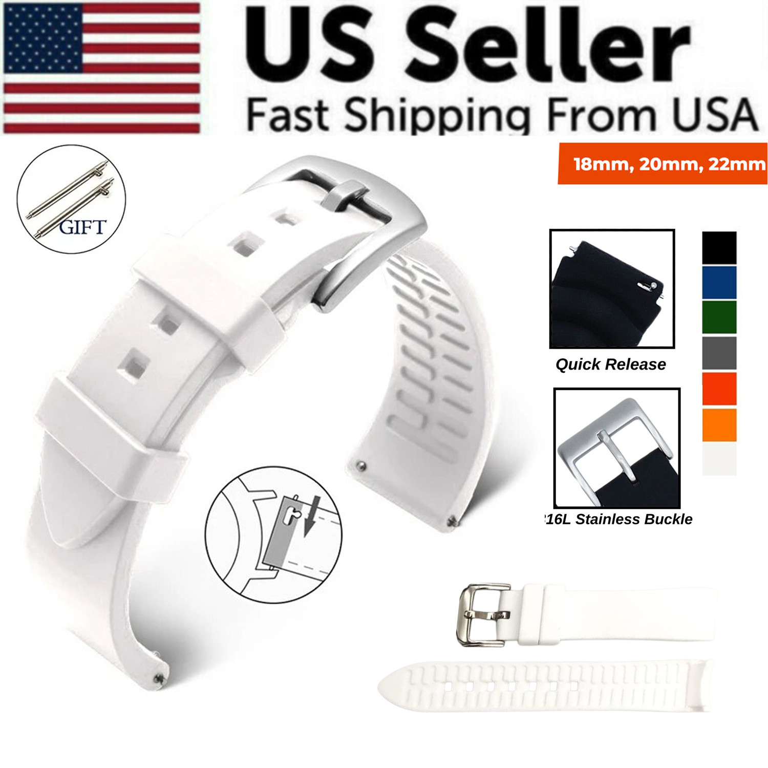 18mm 20mm 22mm Soft Silicone Watch Band Divers Replacement Strap Quick Release