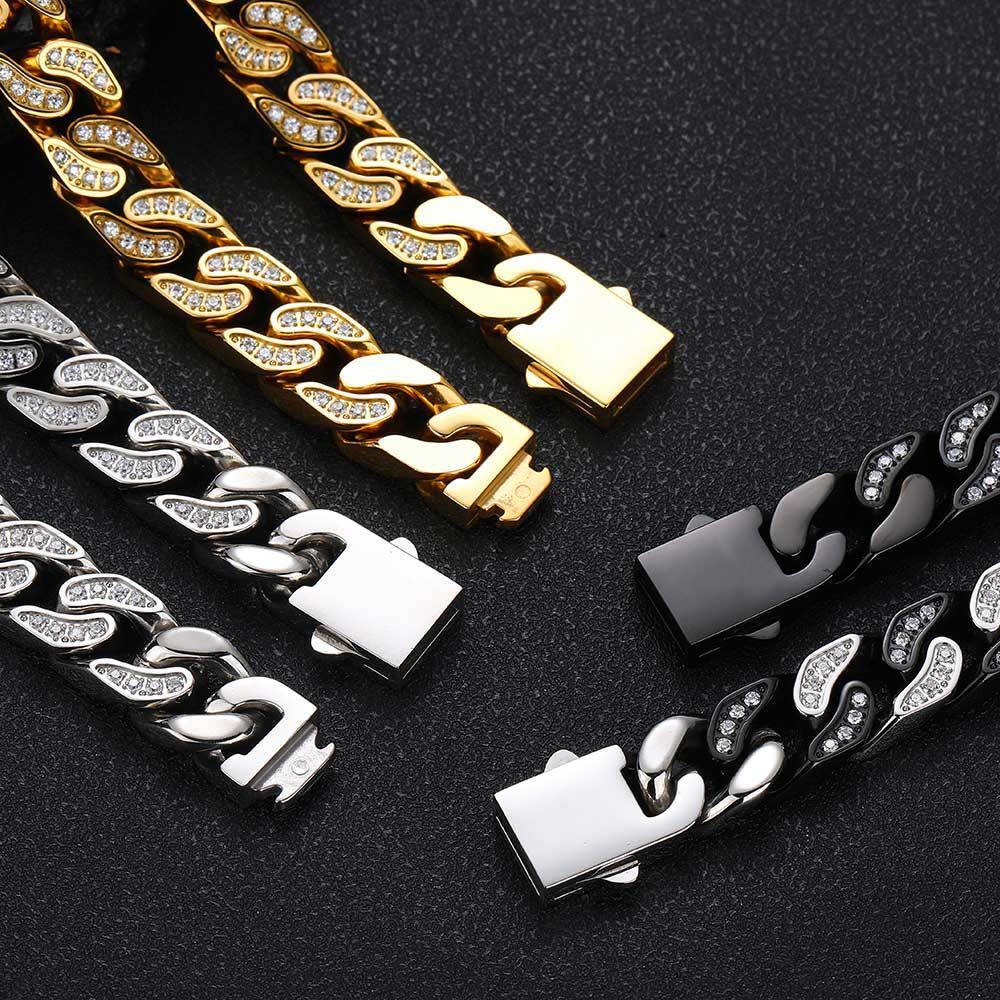 Steel Cuban Link Chain Necklace Full Zircon Mens Jewelry 12mm Hip Hop Stainless