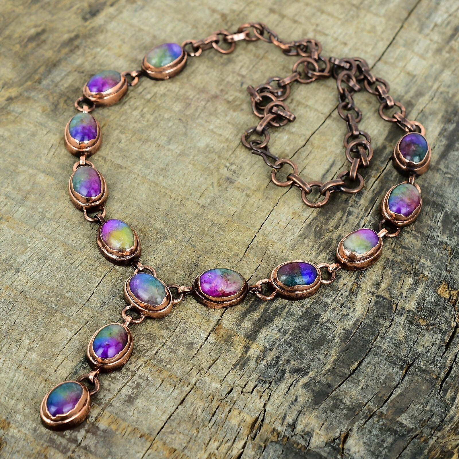 Natural Rainbow Solar Quartz Druzy Electroformed Chain Necklace Jewelry Copper
