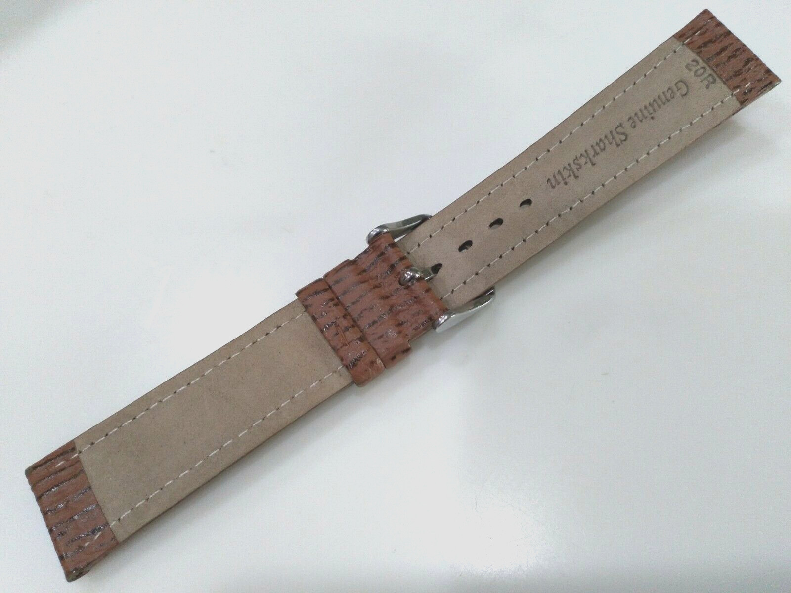 Brown Genuine Shark Sharkskin 20mm Regular Padded Watch Band Silver Tone Buckle