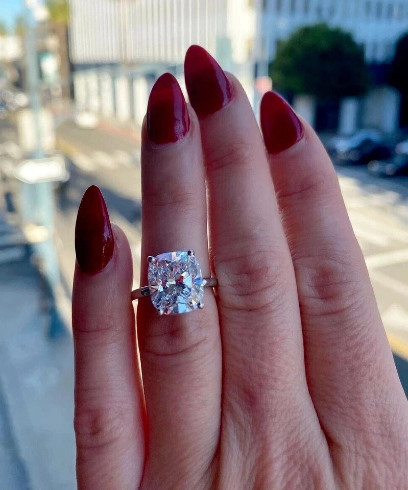 3CT Cushion-Cut VVS1 Moissanite Solitaire Engagement Ring 14K White Gold Plated