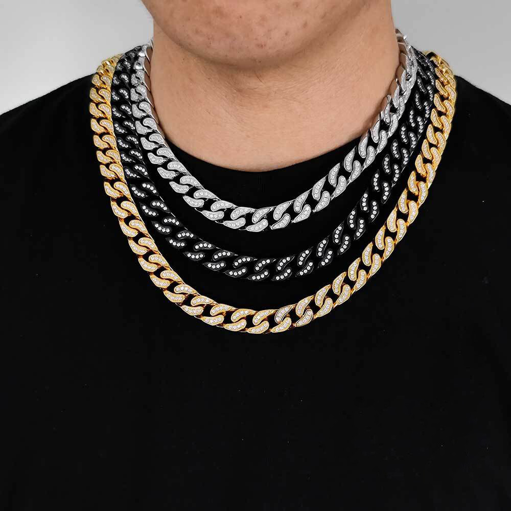 Steel Cuban Link Chain Necklace Full Zircon Mens Jewelry 12mm Hip Hop Stainless